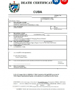 Cuba death certificate Word and PDF template, completely editable