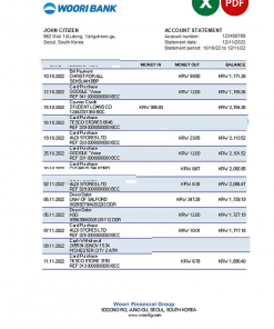 South Korea Woori bank statement, Excel and PDF template