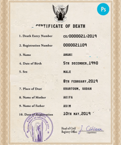 Sudan death certificate PSD template, completely editable