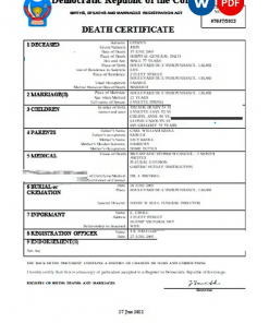 Democratic Republic of the Congo vital record death certificate Word and PDF template