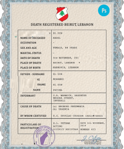 Lebanon vital record death certificate PSD template, completely editable