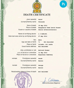 Sri Lanka vital record death certificate PSD template