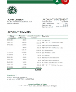 Sudan Agricultural Bank of Sudan bank statement, Excel and PDF template