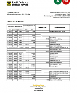 Ukraine Raiffeisen bank statement, Excel and PDF template