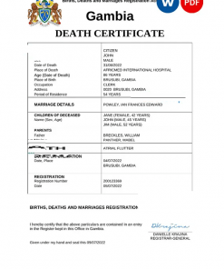 Gambia vital record death certificate Word and PDF template