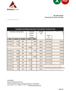 Somalia Amana bank statement, Excel and PDF template