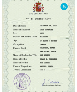 Spain death certificate PSD template, completely editable