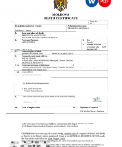 Moldova death certificate Word and PDF template, completely editable