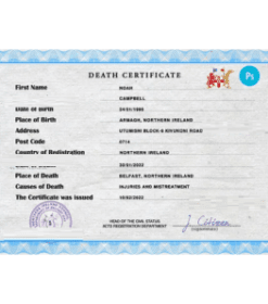 Northern Ireland death certificate PSD template, completely editable