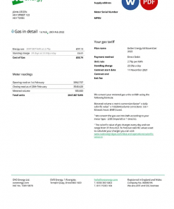United Kingdom Ovo Energy utility bill, Word and PDF template