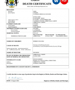 Gabon death certificate Word and PDF template, completely editable