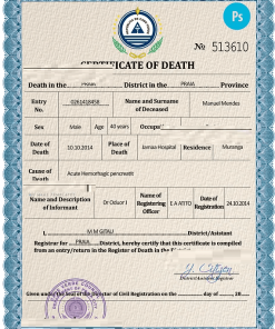Cabo Verde death certificate PSD template, completely editable