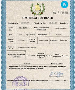 Guatemala vital record death certificate PSD template, fully editable