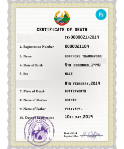 Laos vital record death certificate PSD template, fully editable