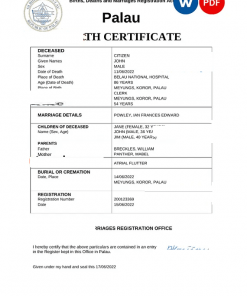 Palau vital record death certificate Word and PDF template