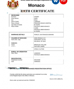 Monaco vital record death certificate Word and PDF template
