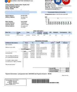 Saudi Quatro United Energy Co. utility bill, Word and PDF template