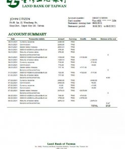 Taiwan Land Bank of Taiwan bank statement template in Word and PDF format, good for address prove