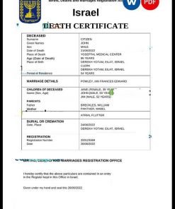Israel death certificate Word and PDF template, completely editable