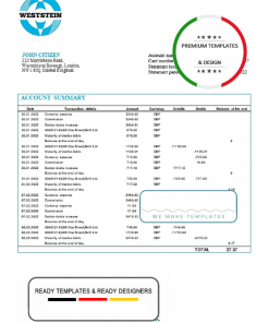 United Kingdom WestStein Bank statement template in Excel and PDF format