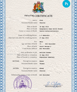 Grenada death certificate PSD template, completely editable