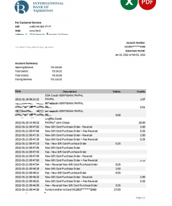 Tajikistan ITB bank statement, Excel and PDF template
