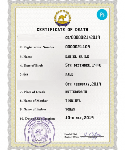 Eritrea vital record death certificate PSD template, fully editable