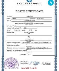 Kyrgyzstan death certificate PSD template, completely editable