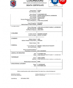 Luxembourg death certificate Word and PDF template, completely editable