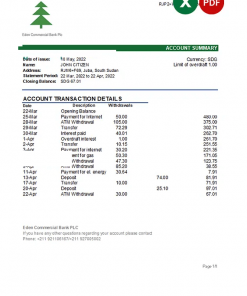 South Sudan Eden Commercial Bank statement, Excel and PDF template