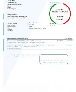United Kingdom Wise bank statement template in Word and PDF format