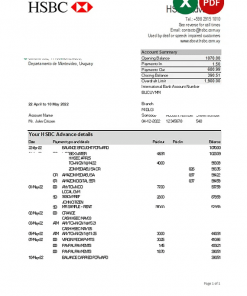 Uruguay HSBC bank statement, Excel and PDF template