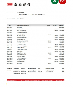 Taiwan Chang Hwa Bank statement, Excel and PDF template