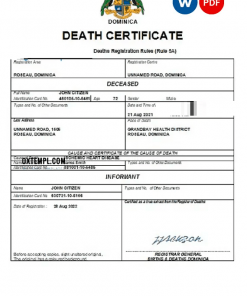 Dominica vital record death certificate Word and PDF template