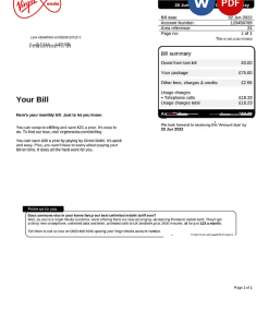 United Kingdom Virgin Media utility bill, Word and PDF template