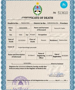 Argentina death certificate PSD template, completely editable