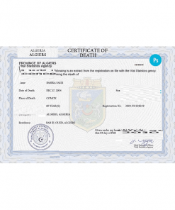 Algeria vital record death certificate PSD template, fully editable
