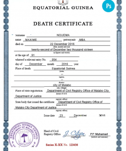 Equatorial Guinea death certificate PSD template, completely editable