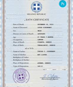 Greece vital record death certificate PSD template