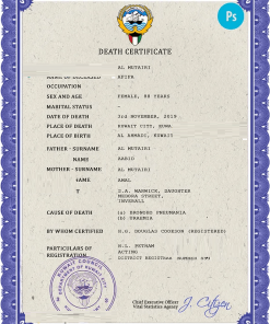 Kuwait vital record death certificate PSD template