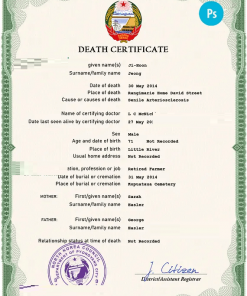 North Korea death certificate PSD template, completely editable