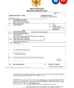 Montenegro death certificate Word and PDF template, completely editable