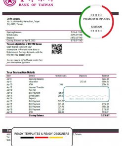 Taiwan Bank of Taiwan bank statement template in Word and PDF format, good for address prove