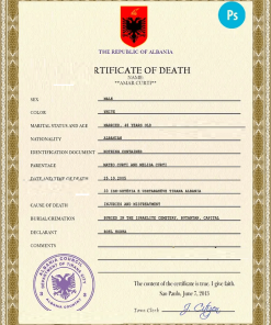 Albania death certificate PSD template, completely editable