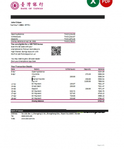 Taiwan Bank of Taiwan bank statement, Excel and PDF template