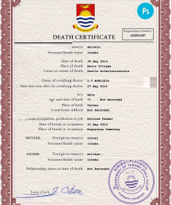 Kiribati death certificate PSD template, completely editable