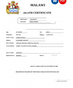 Malawi vital record death certificate Word and PDF template