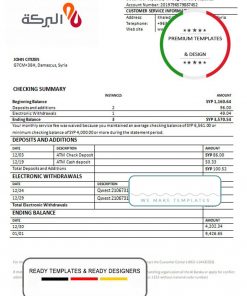Syria Al Baraka Bank proof of address statement template in Word and PDF format, .doc and .pdf format