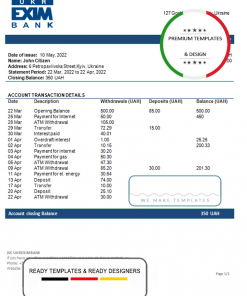 Ukraine Ukreximbank Bank statement template, Word and PDF format (.doc and .pdf)