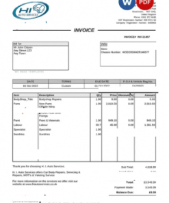 United Kingdom H I Auto Services Ltd invoice Word and PDF template, fully editable